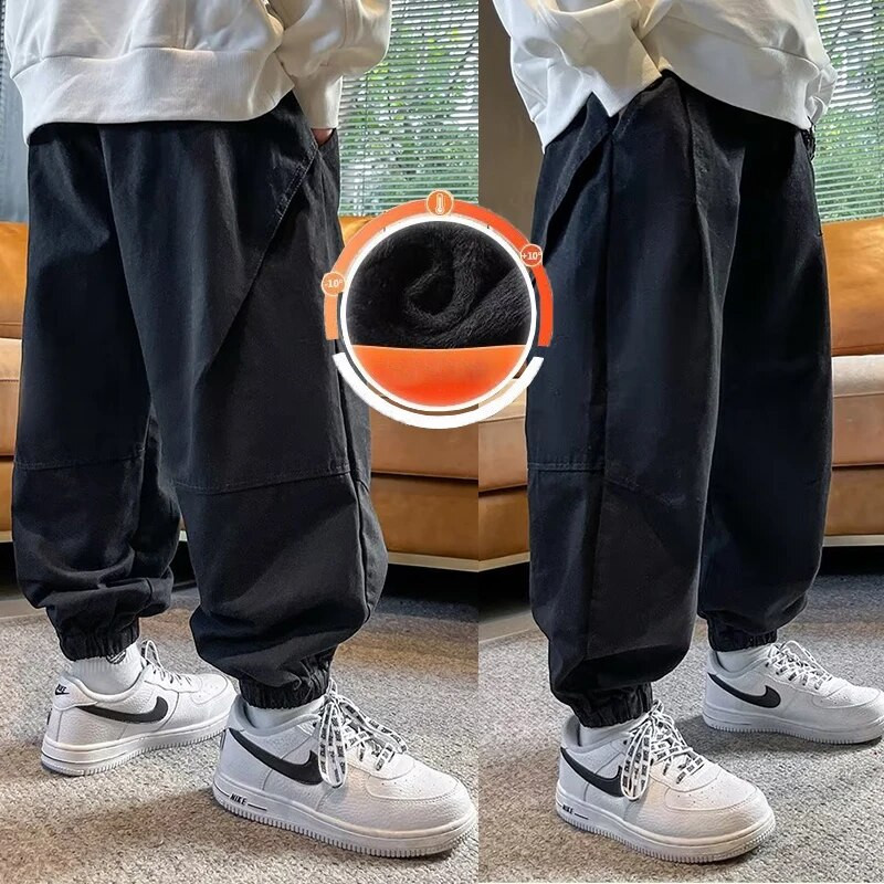 Bērnu bikses, vīriešu rudens un ziemas plīša darba apģērbs un ikdienas bikšu tendences ar lieliem bērnu rudens legingiem