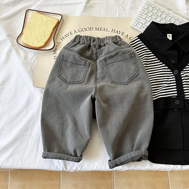 Zēniem vaļīgi džinsi, mīksti 2023. gada jauns korejiešu stila meiteņu stils, pavasaris rudens ikdienišķs, platas kājas, modernas bērnu džinsu bikses