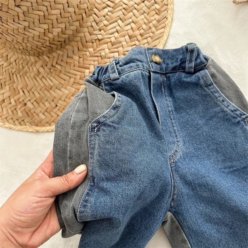 Laste teksad 2023 kevad-sügis, uued moekad korea stiilis värvilised teksad Poiste ja tüdrukute vabaaja lihtsad teksapüksid