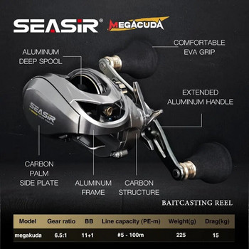 Seasir Megacuda Baitcasting Reel Drag 15KG Deep Spool 6.5:1 Алуминиева рамка Карбонова страна Двойна дръжка Джигинг Метална макара Морска вода