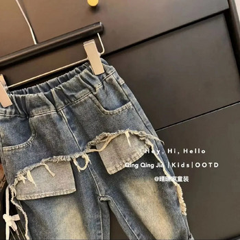 2023 г. Свободни корейски модни дънки Момичета Есенен сезон Нови момчета Бебешки джобове Измиване на груби ръбове Детски панталони Ретро