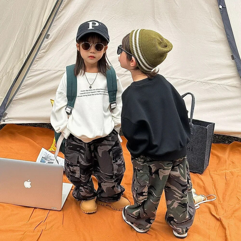 Zēnu bikses, 2023. gada pavasaris, rudens, jauns vintage Camo kombinezons pilna garuma elastīgs viduklis ikdienišķs, vienkāršs bērniem, skaistas, foršas bikses