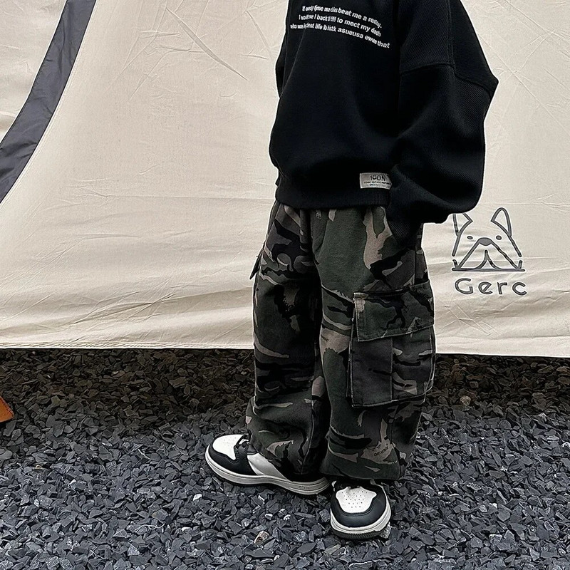 Zēnu bikses, 2023. gada pavasaris, rudens, jauns vintage Camo kombinezons pilna garuma elastīgs viduklis ikdienišķs, vienkāršs bērniem, skaistas, foršas bikses