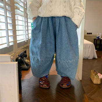 Детски дънкови панталони 2023 Пролет Есен Корейски стил Дънки Свободни модни момчета и момичета Bloomers Едноцветни ежедневни панталони