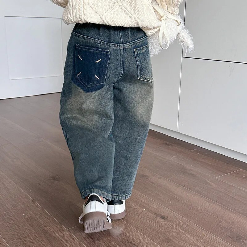 Lasteriided Laste teksapüksid Kašmiir sirge säärega püksid poistele ja tüdrukutele Korea stiilis vabaaja vintage laste teksad