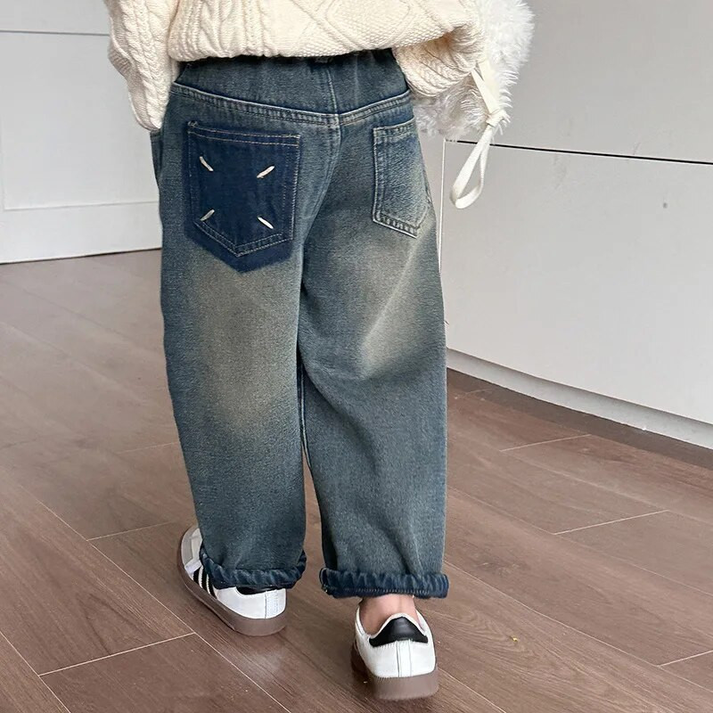Lasteriided Laste teksapüksid Kašmiir sirge säärega püksid poistele ja tüdrukutele Korea stiilis vabaaja vintage laste teksad