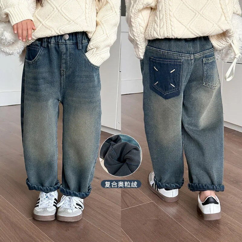 Lasteriided Laste teksapüksid Kašmiir sirge säärega püksid poistele ja tüdrukutele Korea stiilis vabaaja vintage laste teksad