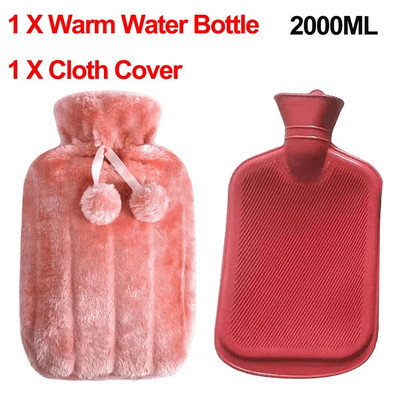 Pungă mare de apă caldă de 2000 ml cu capac pentru grătare, iarnă, pluș, pentru mâini și picioare, capac pentru sticle de apă, rezistent la explozie, pentru apă caldă