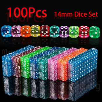 100PCS/Set 6-странни зарове 14mm D6 16 Прозрачни по избор Цветни акрилни зарчета със заоблени ръбове за настолни настолни игри Party DND