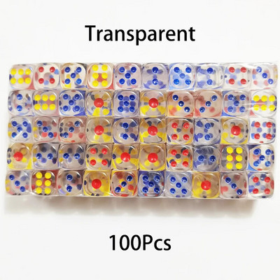 100 bucăți/set zaruri cu 6 fețe 14 mm D6 16 zaruri transparente opționale, acrilice, cu margini rotunjite, pentru jocuri de masă, petrecere DND