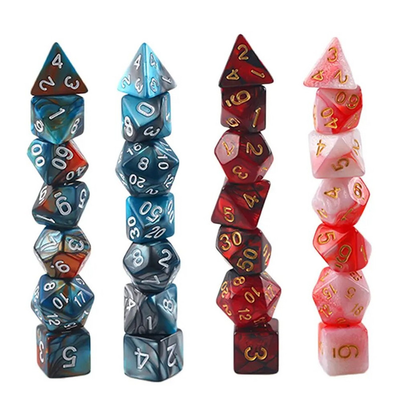 7 zīmuļu/komplekts jauns akrila kauliņu komplekts TRPG DND daudzskaldņu 7 dimensiju mirdzošiem mirdzošiem digitālajiem kauliņiem izklaides spēļu piederumiem