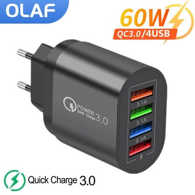 Olaf 60W USB įkroviklis Greitas įkroviklis 4USB įkroviklis Greitas įkrovimas 3.0 Mobiliojo telefono adapteris iPhone 14 13 Xiaomi Huawei Samsung Poco