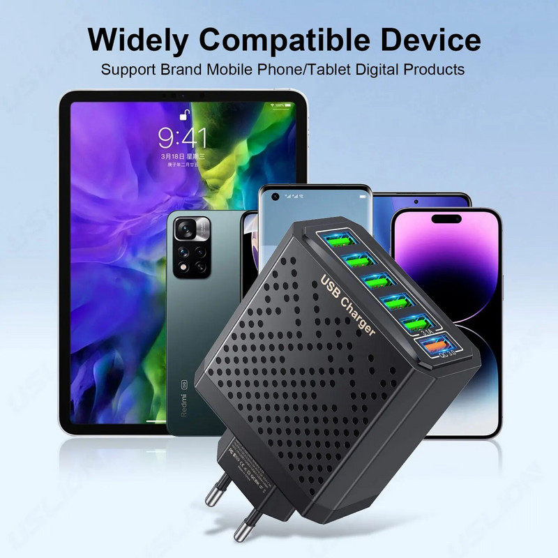 USLION 6 Θύρες USB Φορτιστής QC3.0 Γρήγορη φόρτιση Γρήγορη φόρτιση Για Προσαρμογέας φόρτισης κινητού τηλεφώνου Samsung poco Xiaomi KR UK Βύσμα ΕΕ