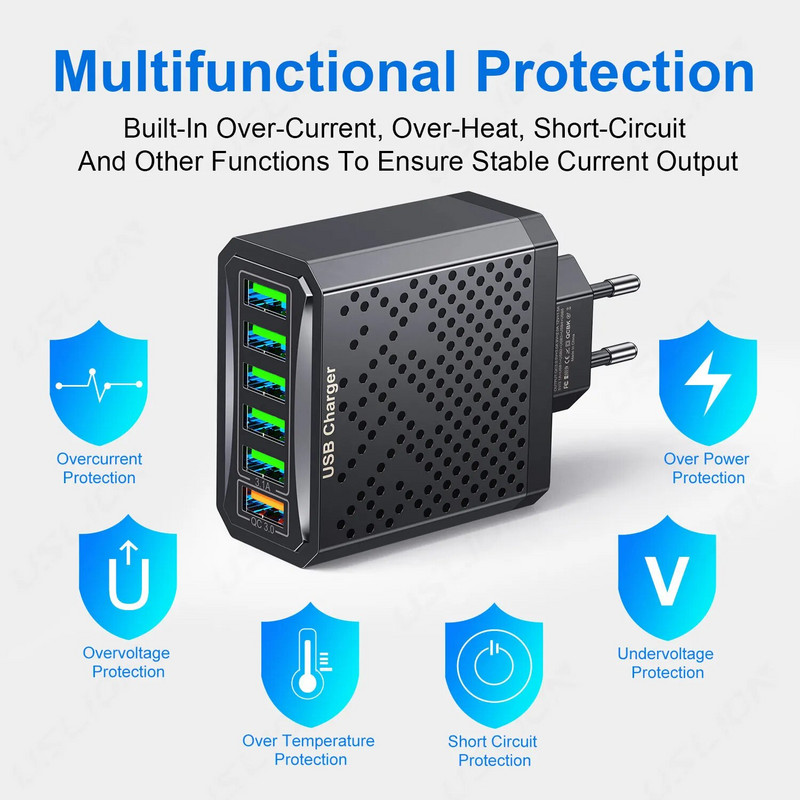 USLION 6 Θύρες USB Φορτιστής QC3.0 Γρήγορη φόρτιση Γρήγορη φόρτιση Για Προσαρμογέας φόρτισης κινητού τηλεφώνου Samsung poco Xiaomi KR UK Βύσμα ΕΕ