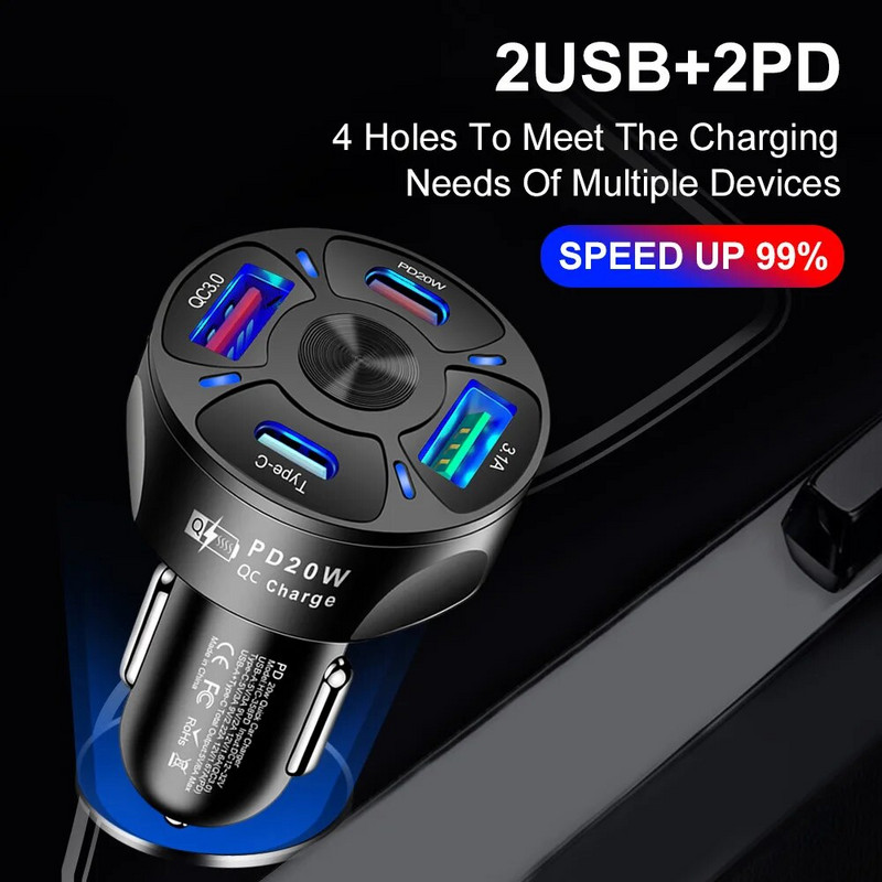 Dvigubas USB C PD 20W automobilinis įkroviklis Greitas įkrovimas PD Quick Charge 3.0 USB C automobilinio telefono įkroviklio adapteris, skirtas iPhone Xiaomi Samsung