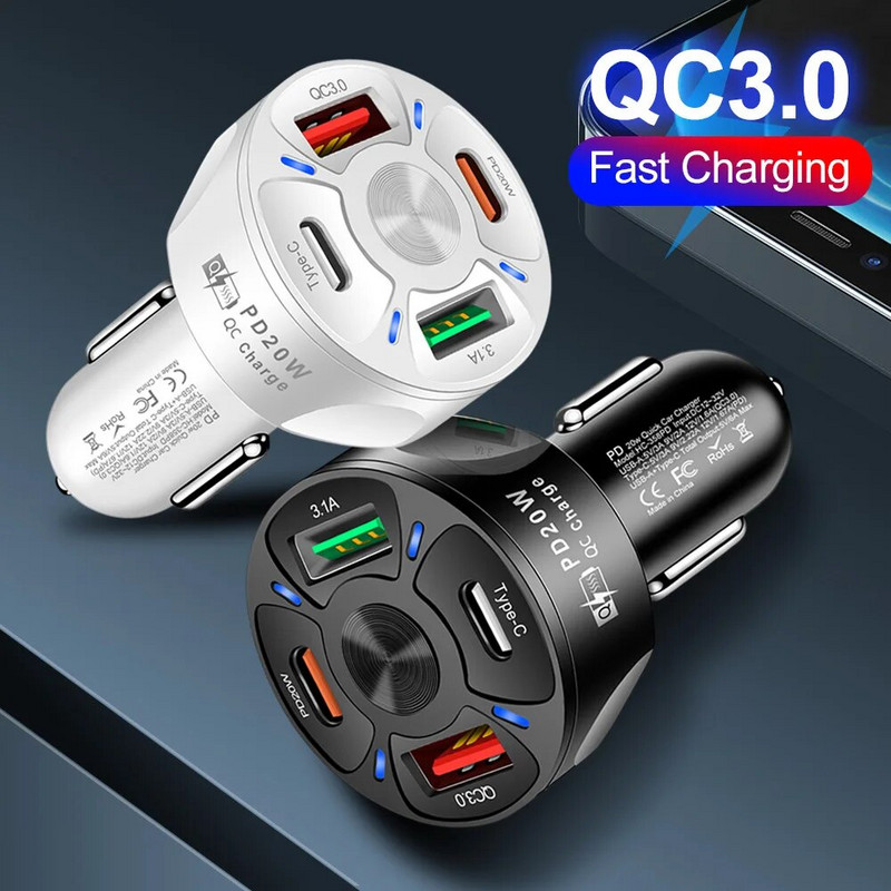 Dvigubas USB C PD 20W automobilinis įkroviklis Greitas įkrovimas PD Quick Charge 3.0 USB C automobilinio telefono įkroviklio adapteris, skirtas iPhone Xiaomi Samsung