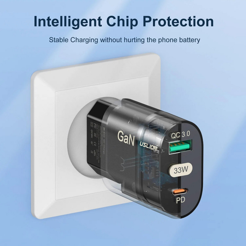 USLION GaN USB punjač za tablet i prijenosno računalo, brzo punjenje, tip C, PD brzi punjač, KR adapter za utikač za Iphone 15 Samsung 33W