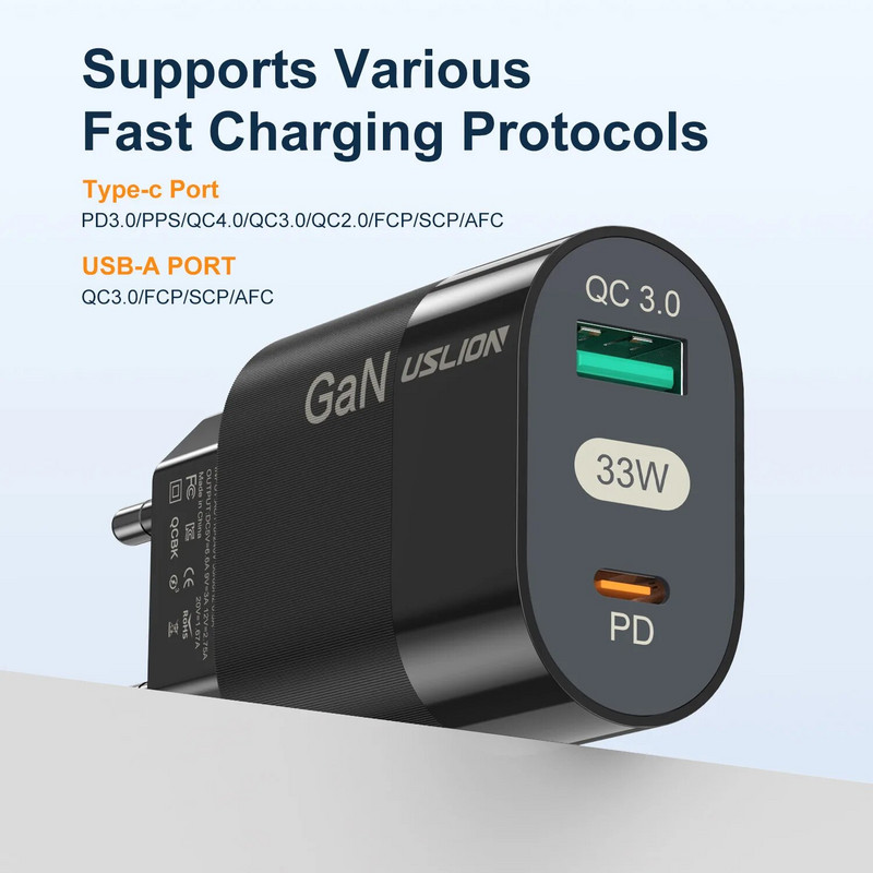 USLION GaN USB punjač za tablet i prijenosno računalo, brzo punjenje, tip C, PD brzi punjač, KR adapter za utikač za Iphone 15 Samsung 33W