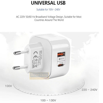 EU US UK Βύσμα 20W Φορτιστής κινητού τηλεφώνου γρήγορης φόρτισης Γρήγορη φόρτιση QC 3.0 με προσαρμογέα PD Φορτιστής τοίχου USB για iPhone 12 Samsung