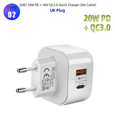 EU US UK Plug 20W Încărcare rapidă Încărcător pentru telefon mobil Încărcare rapidă QC 3.0 Cu adaptor PD Încărcător USB de perete pentru iPhone 12 Samsung