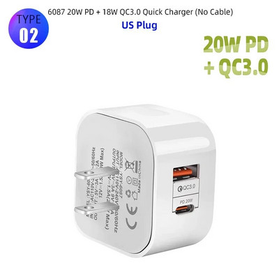 EU US UK Plug 20W Încărcare rapidă Încărcător pentru telefon mobil Încărcare rapidă QC 3.0 Cu adaptor PD Încărcător USB de perete pentru iPhone 12 Samsung