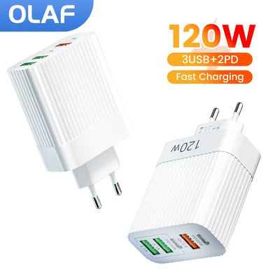 Olaf 120W 5 порта USB зарядно Адаптер за бързо зареждане Тип C Зарядно за мобилен телефон Xiaomi Huawei Samsung iPhone зарядни устройства