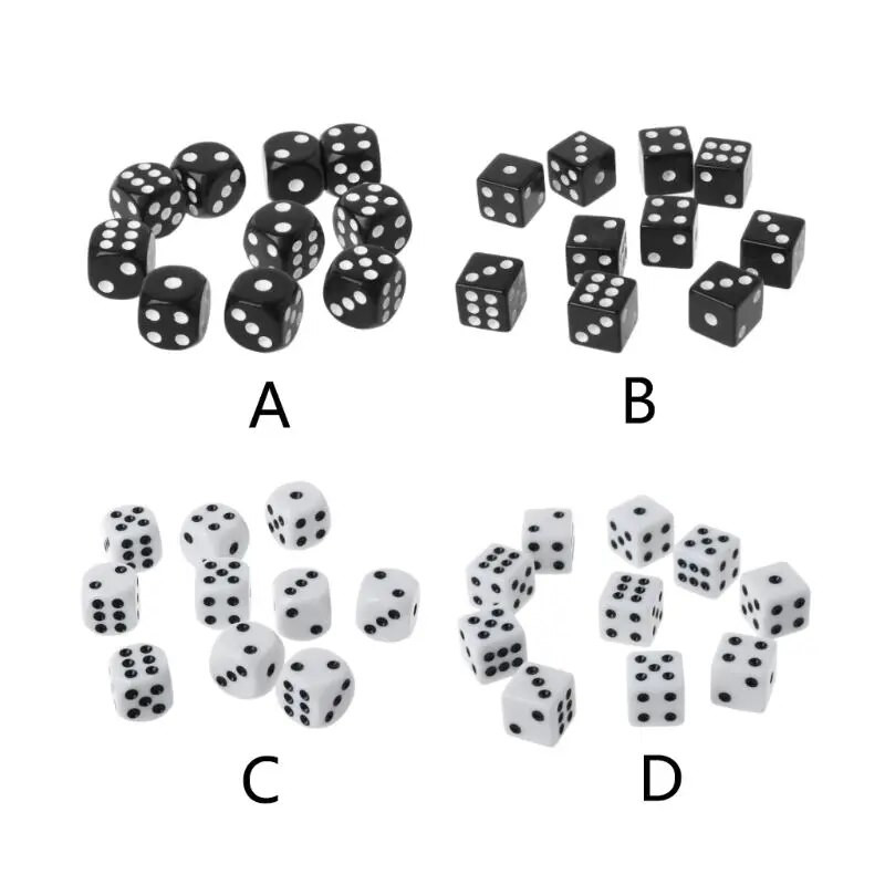 10 gab. 16 mm akrila kauliņi, melni/balti, 6 pusēji kazino pokera spēles bāra kauliņi, vairāku sānu kauliņi galda spēlēm