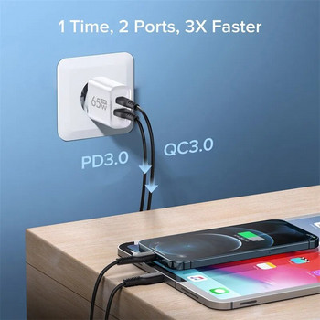 GaN 65W USB зарядно устройство 2 порта PD тип C стенно зарядно устройство Бързо зареждане Захранващ адаптер за мобилен телефон за iPhone 14 Xiaomi Samsung QC 3.0