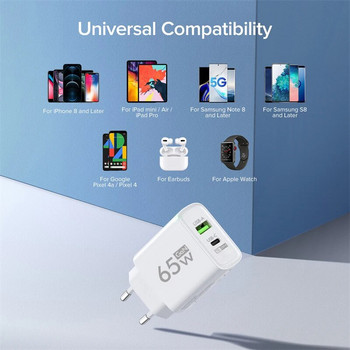 GaN 65W USB зарядно устройство 2 порта PD тип C стенно зарядно устройство Бързо зареждане Захранващ адаптер за мобилен телефон за iPhone 14 Xiaomi Samsung QC 3.0