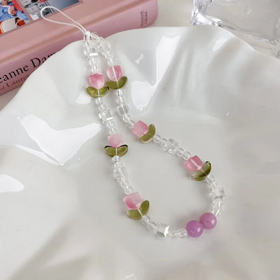 Persiku fāzēm mobilā tālruņa piekariņa siksniņa ķēde Sieviešu saldās meitenes rotaslietas Pērļu mobilā telefona ziedu aukla iPhone atslēgu piekariņam