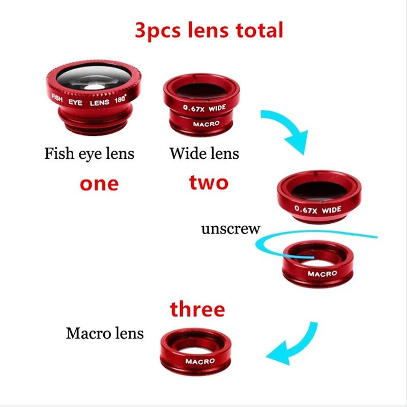3 viename žuvies akies telefono objektyvas, 0,67x plataus kampo priartinimo žuvies akies makro objektyvai Fotoaparatų rinkiniai su fiksatoriumi ant telefono, skirto išmaniajam telefonui