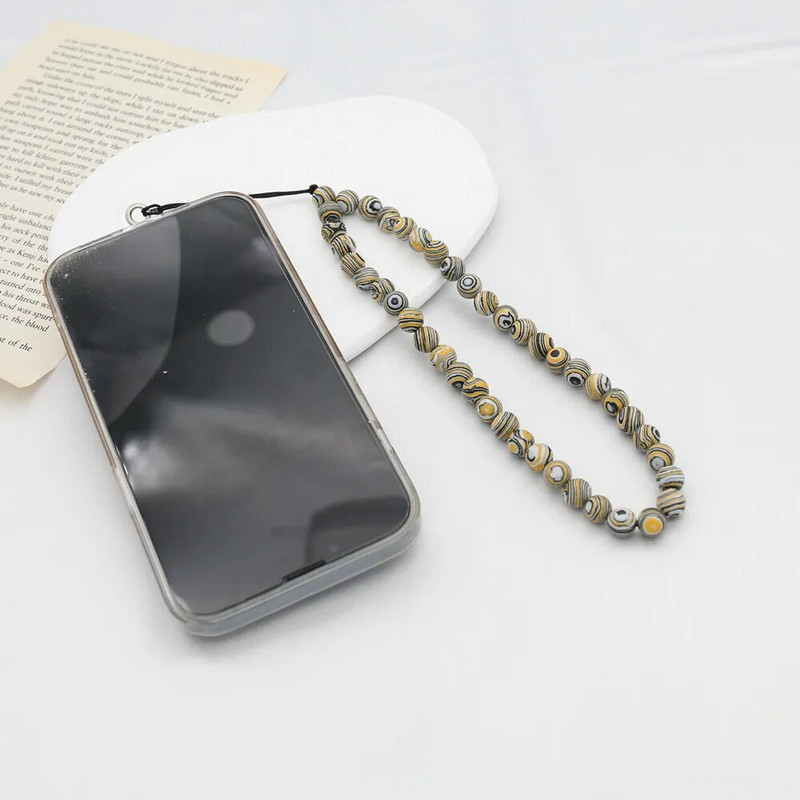 8 mm kollase malahhiidi helmestega telefonikett looduslikust kivist võtmehoidja ripats Lihtne telefonipael mobiiltelefoni ümbrise tarvikud