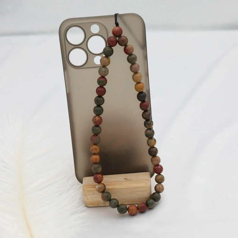 8 MM Pikaso akmens fāzēm tālruņa ķēde ar rokām izgatavota dabīgā akmens mobilā tālruņa siksniņa pret pazaudēšanu, ķēde, kaklasiksnas tālruņa turētāja rotājums