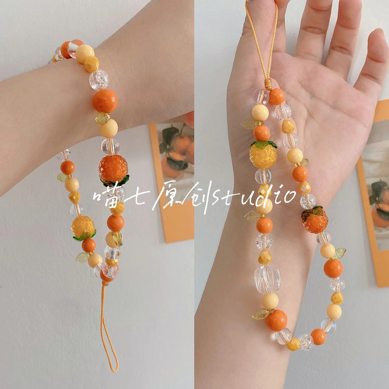 Oranžā oriģinālā piekariņu siksniņa Mobilā tālruņa ķēde, ar rokām darināta, jauks Kawaii fāzēm, pielāgots kulons Kawaii Y2K futrālis