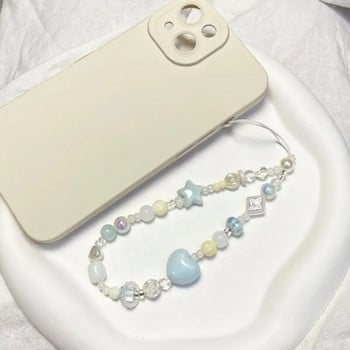 Summer Fresh Sea Salt Blue Stars Heart Phone Chain Charm Strap Anti Loss Keychain Сладък ключодържател Кабел за мобилен телефон Камера Висулка