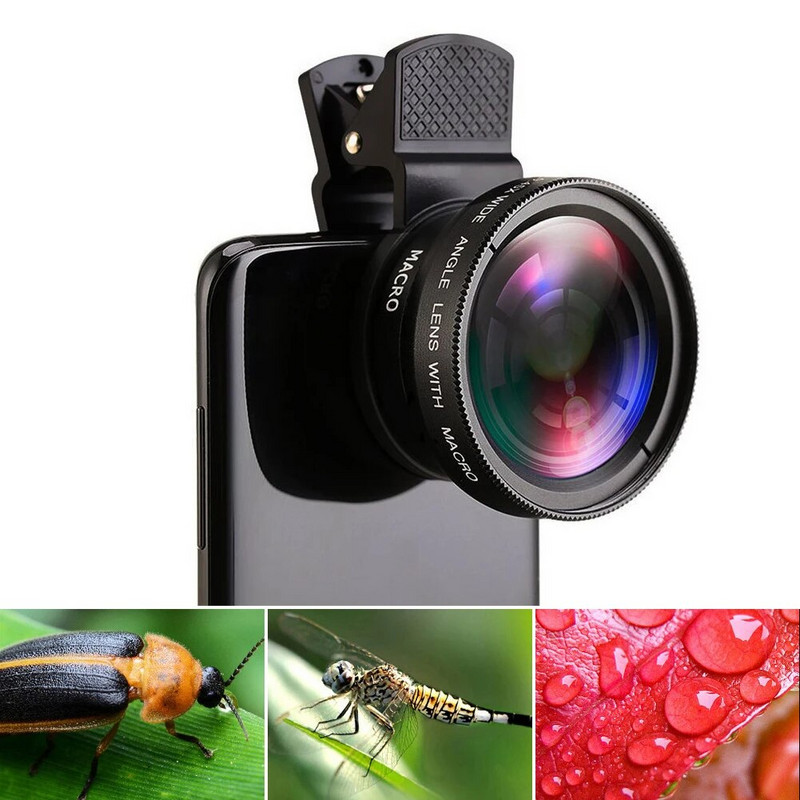 2 vienā objektīvs Universal Clip 37mm Mobile Phone Lens Professional 0,45X 49UV Super platleņķa + Macro HD objektīvs iPhone Android ierīcēm