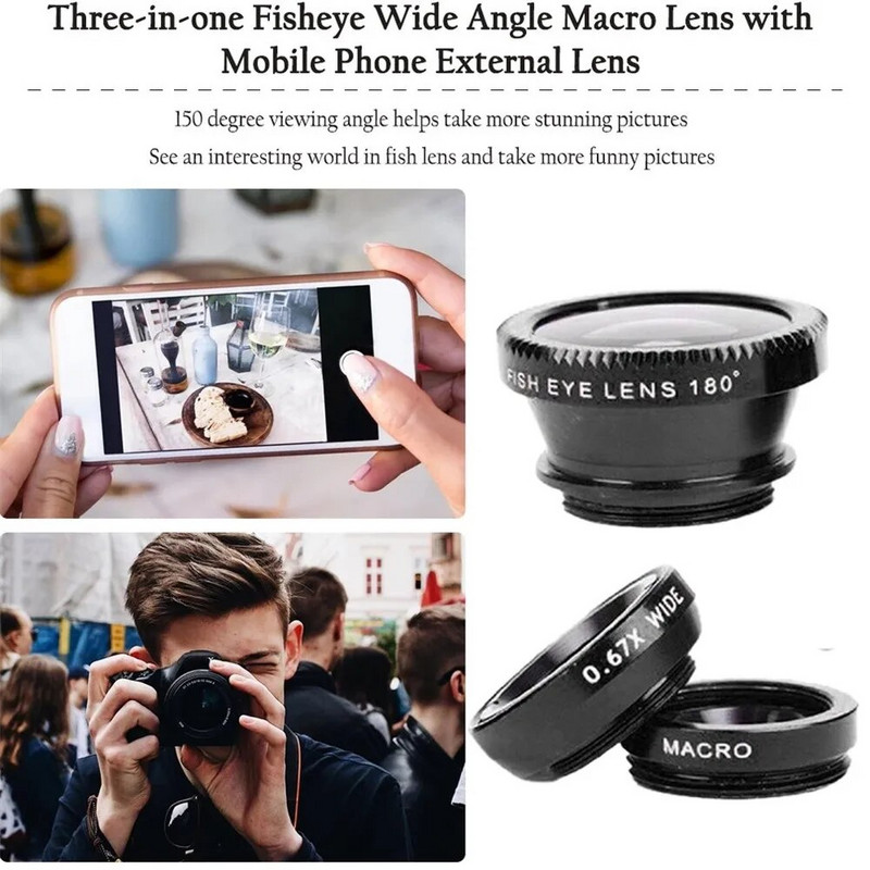 3u1 Fisheye Phone Lens 0.67X Širokokutni zum Fish Eye Makro objektivi Kompleti fotoaparata s objektivom na telefonu za pametni telefon