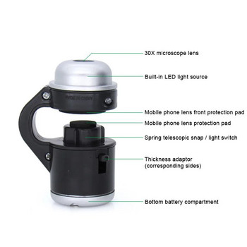 Μικροσκόπιο κινητού τηλεφώνου Τηλεσκόπιο Κλιπ κάμερας Φακός 30x Zoom LED Light Photography PR Έκπτωση