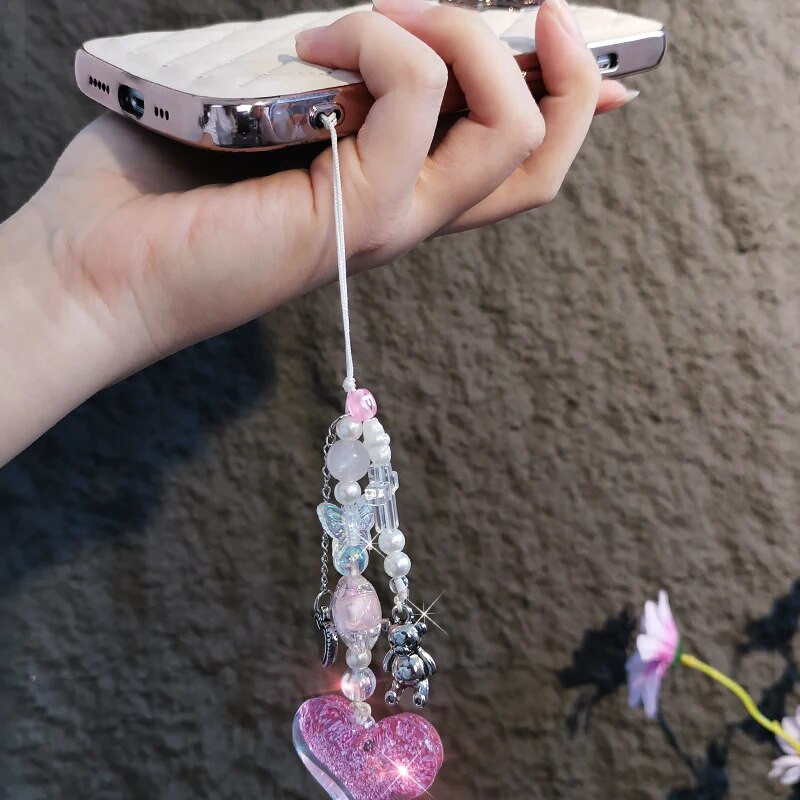 Uzica za mobilni telefon Ženski sjajni ružičasti ljubavni privjesak Privjesak s medvjedom iz crtanog filma Kratki privjesak za ključeve Modni trend Privjesak uzica za telefon