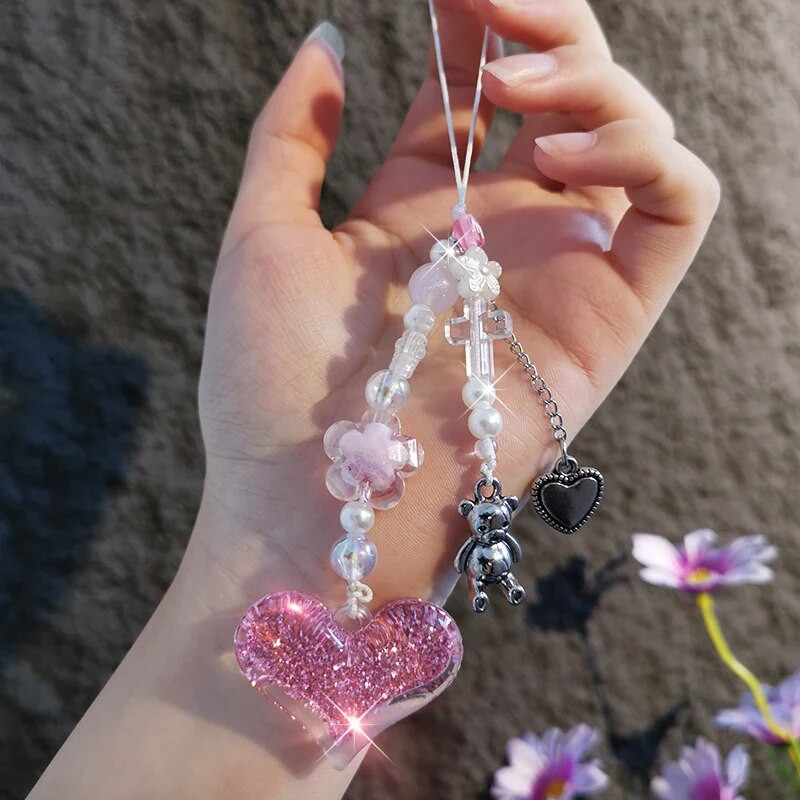 Uzica za mobilni telefon Ženski sjajni ružičasti ljubavni privjesak Privjesak s medvjedom iz crtanog filma Kratki privjesak za ključeve Modni trend Privjesak uzica za telefon