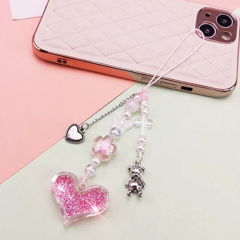Uzica za mobilni telefon Ženski sjajni ružičasti ljubavni privjesak Privjesak s medvjedom iz crtanog filma Kratki privjesak za ključeve Modni trend Privjesak uzica za telefon