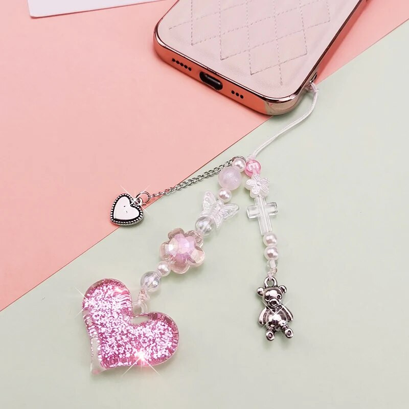 Uzica za mobilni telefon Ženski sjajni ružičasti ljubavni privjesak Privjesak s medvjedom iz crtanog filma Kratki privjesak za ključeve Modni trend Privjesak uzica za telefon