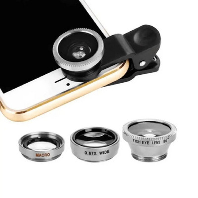 3-în-1 cu unghi larg macro lentile ochi de pește kituri pentru camere pentru telefon mobil Lentile ochi de pește cu clemă 0,67x pentru iPhone Samsung Toate telefoanele mobile