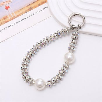 Корейски мобилен телефон Glitter Pearl Rhinestone Crystal Bracelet Chain For iPhone 14 13 15 Pro Max Samsung Flip 4 5 Anti loss Rope