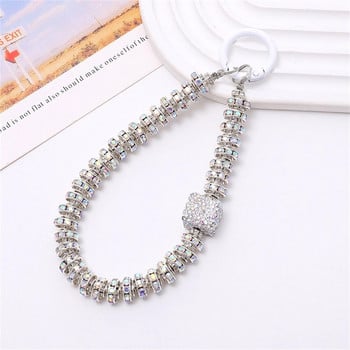 Корейски мобилен телефон Glitter Pearl Rhinestone Crystal Bracelet Chain For iPhone 14 13 15 Pro Max Samsung Flip 4 5 Anti loss Rope