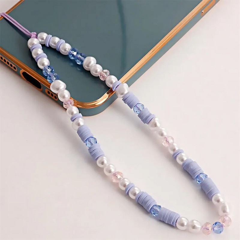 Mobilā tālruņa ķēde ar fāzēm, violeta mīksta keramika, mobilā tālruņa kulons, virve ar pērlītēm mobilā tālruņa siksniņa, pārnēsājama, necaurlaidīga štrope