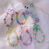 Koreja jauka mīlestības sirds ziedu pērlīšu rokassprādze mobilā tālruņa ķēdes akrila kulons iPhone priekšgala pret pazaudēšanu ķēdes piekārtiem rotaslietas