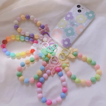 Korea Cute Love Heart Гривна с флорални мъниста Верига за мобилен телефон Акрилна висулка за IPhone Bow Anti-Lost Chain Висящи бижута