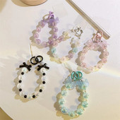 Korean Charm Bow mobiliojo telefono grandinėlė moterims, mergaitėms, telefono apyrankių dirželis, juodas akrilo perlų karoliukais telefono dirželis, raktų dirželis