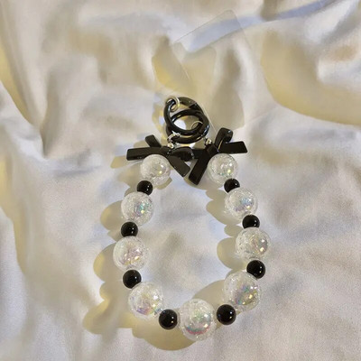 Korean Charm Bow mobiliojo telefono grandinėlė moterims, mergaitėms, telefono apyrankių dirželis, juodas akrilo perlų karoliukais telefono dirželis, raktų dirželis